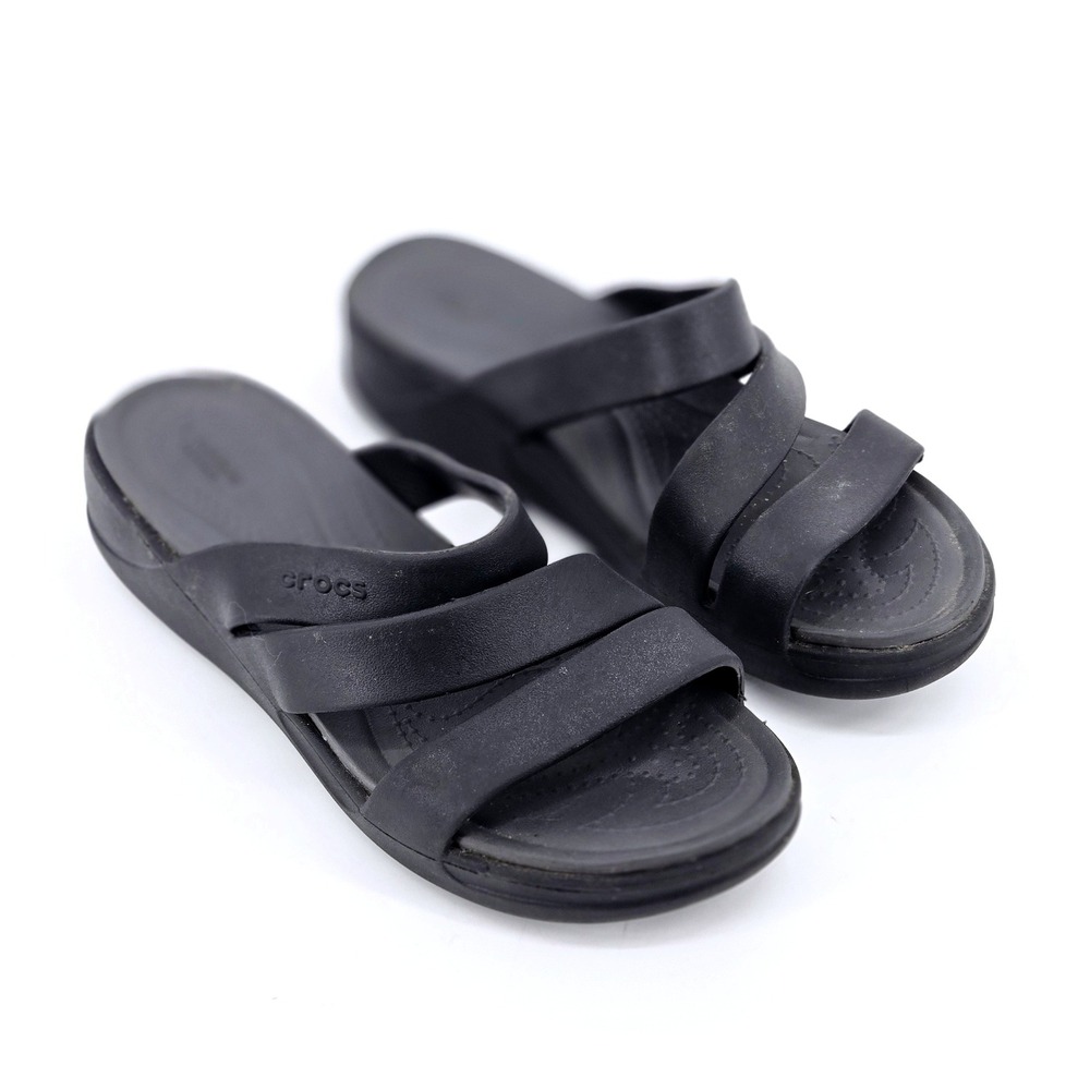 Crocs Getaway Strappy Wedge Sandals Black LiteRide Comfort Slip On Shoes W9 GUC
